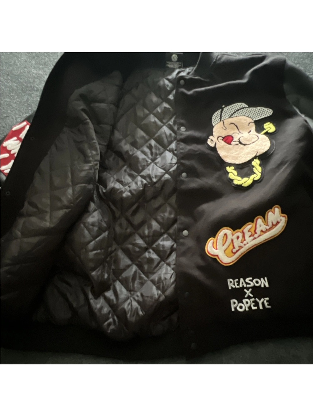 Reason Clothing X Popeye Mens XXL Varsity Bomber Jacket Chasing Cash Patches EUC - Picture 5 of 11